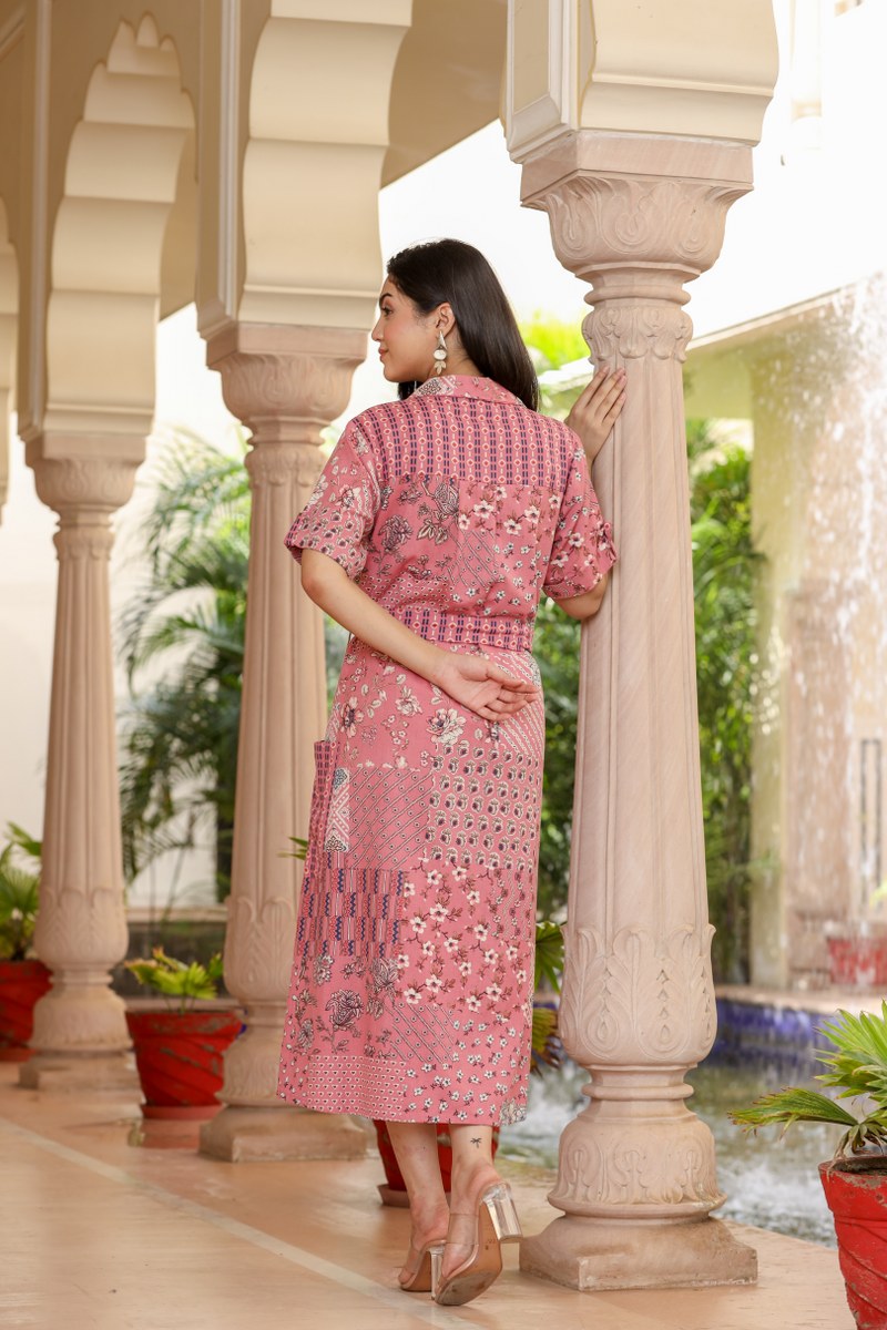 Women's Pink Patchwork Print Belted Shirt Midi Dress