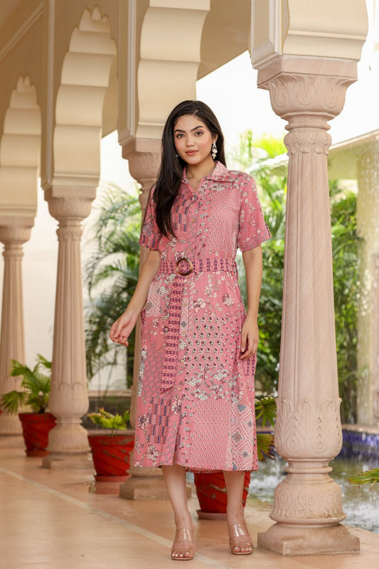 Women's Pink Patchwork Print Belted Shirt Midi Dress