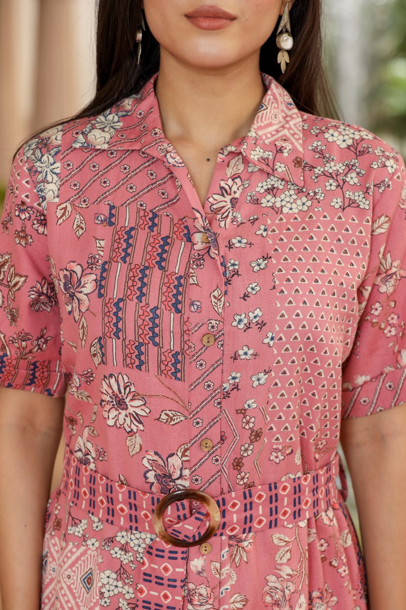 Women's Pink Patchwork Print Belted Shirt Midi Dress