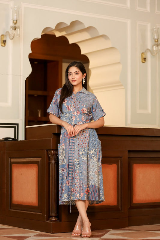 Women's Blue Patchwork Print Belted Shirt Midi Dress