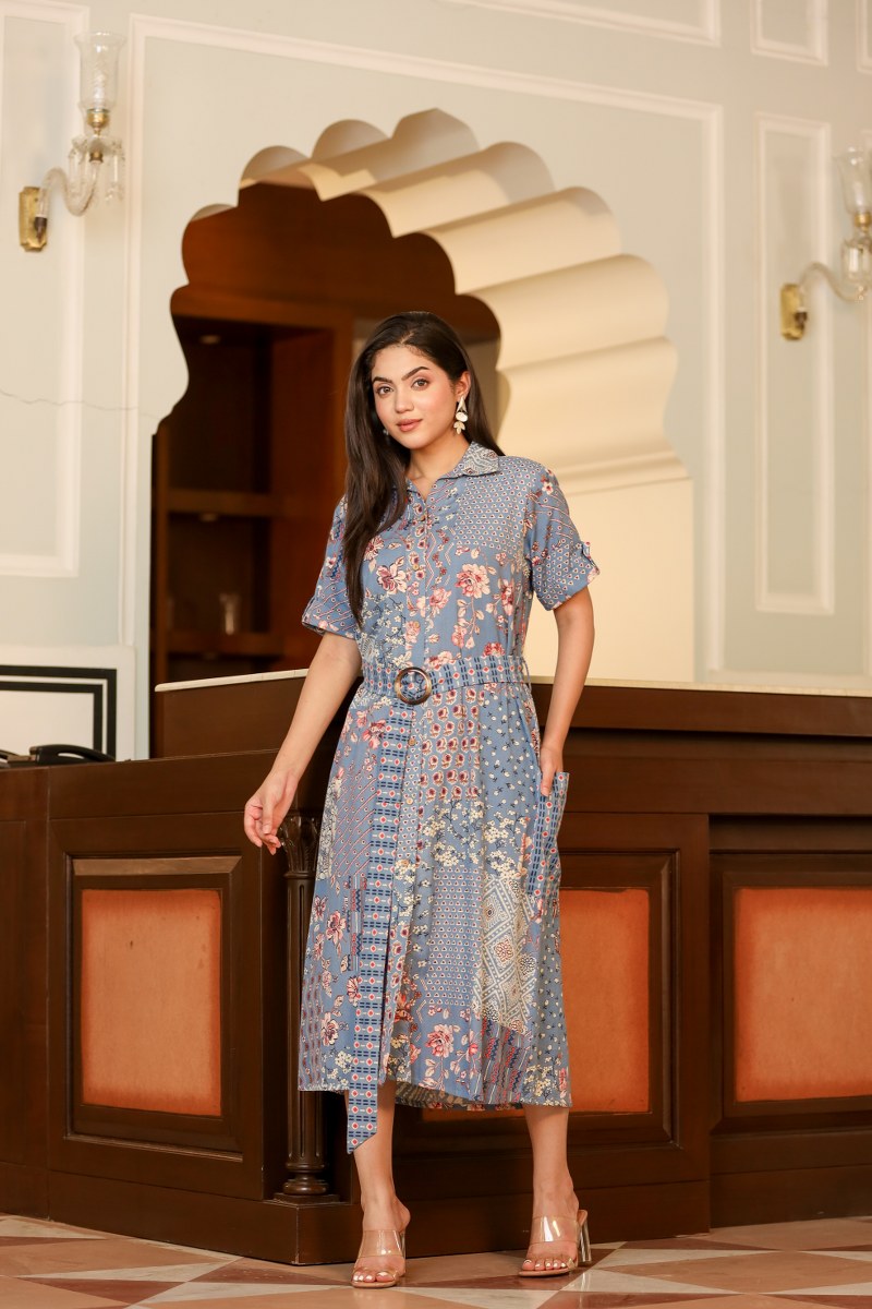 Women's Blue Patchwork Print Belted Shirt Midi Dress