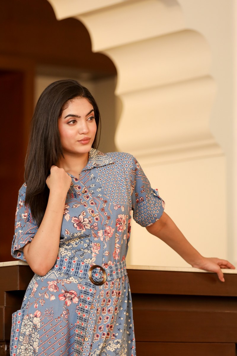 Women's Blue Patchwork Print Belted Shirt Midi Dress