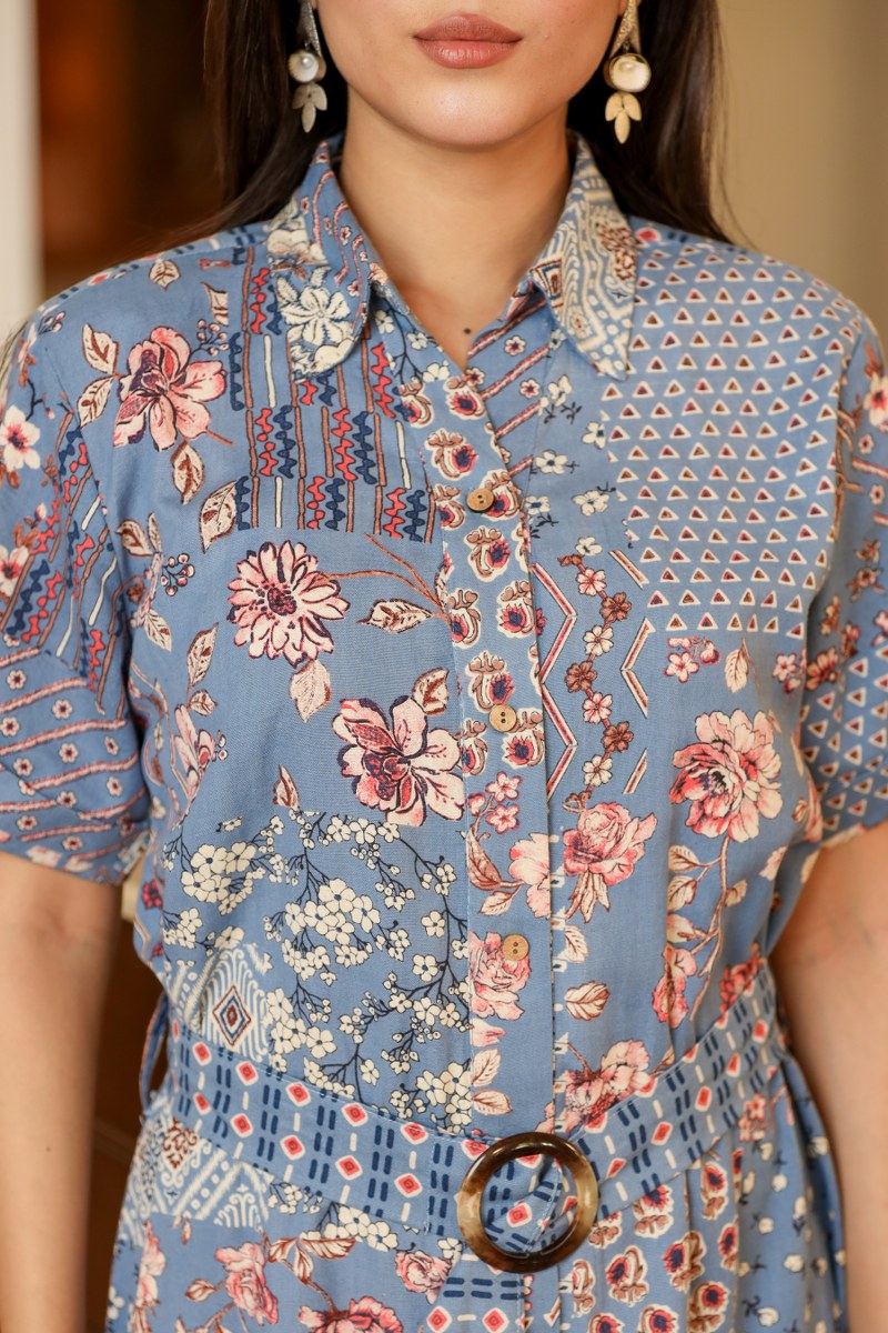Women's Blue Patchwork Print Belted Shirt Midi Dress