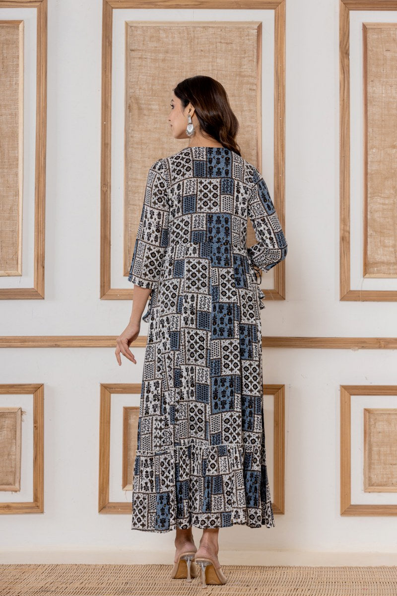 Women's Indigo & White Printed Cotton Midi Dress