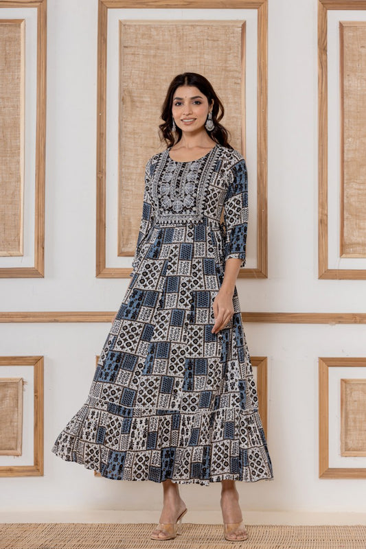 Women's Indigo & White Printed Cotton Midi Dress