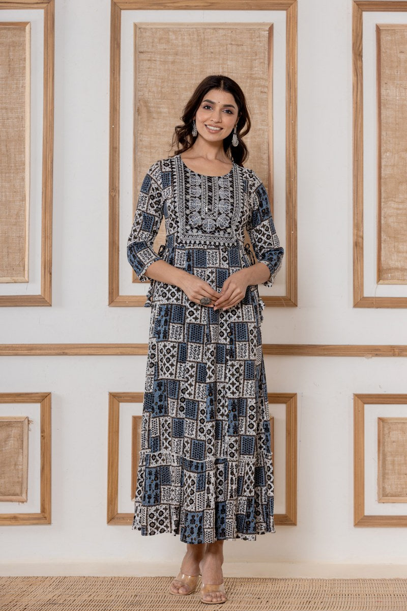 Women's Indigo & White Printed Cotton Midi Dress