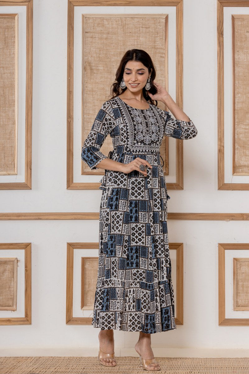 Women's Indigo & White Printed Cotton Midi Dress