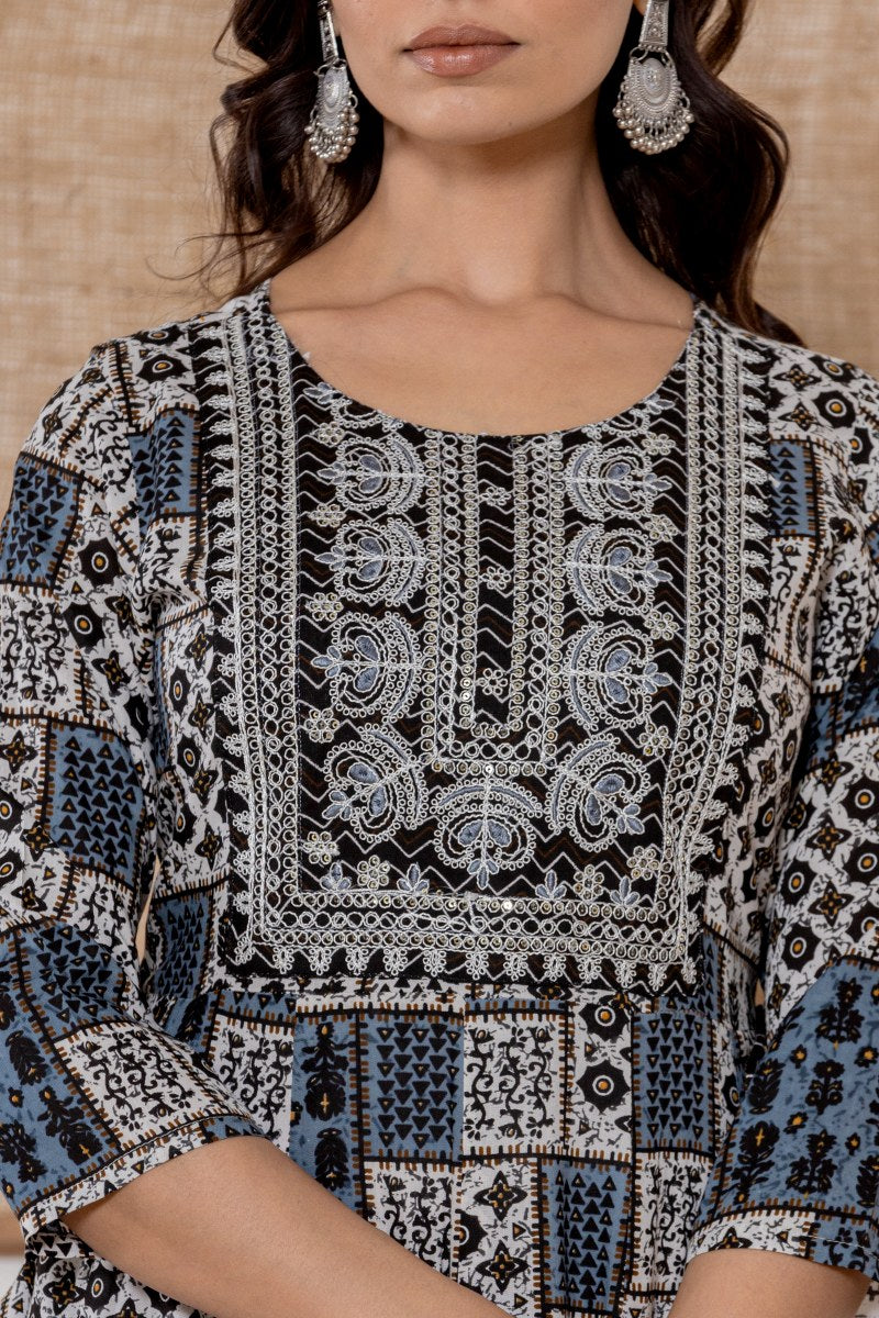 Women's Indigo & White Printed Cotton Midi Dress