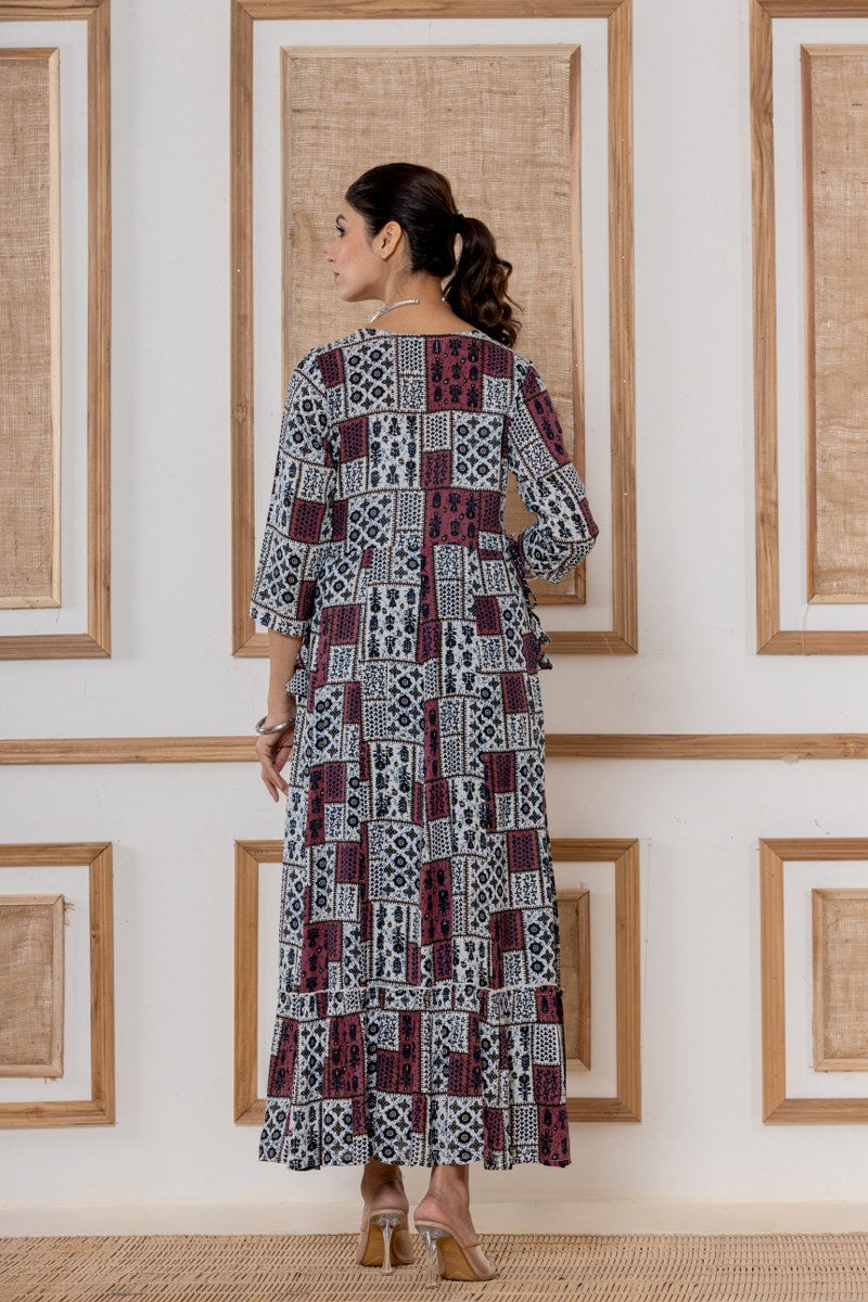 Women's Maroon & White Printed Cotton Midi Dress