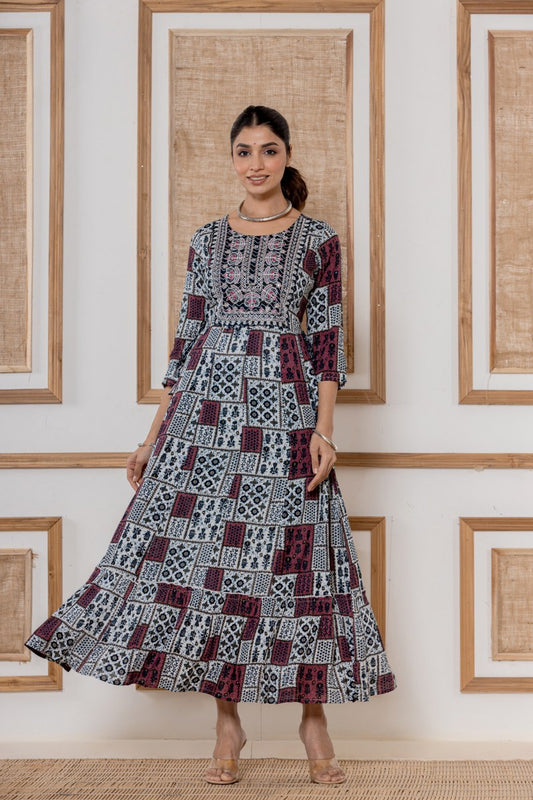 Women's Maroon & White Printed Cotton Midi Dress