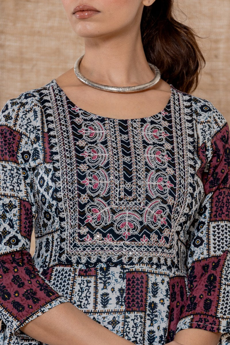 Women's Maroon & White Printed Cotton Midi Dress