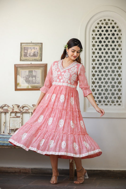 Women's Peach & White Embroidered Cotton Midi Dress