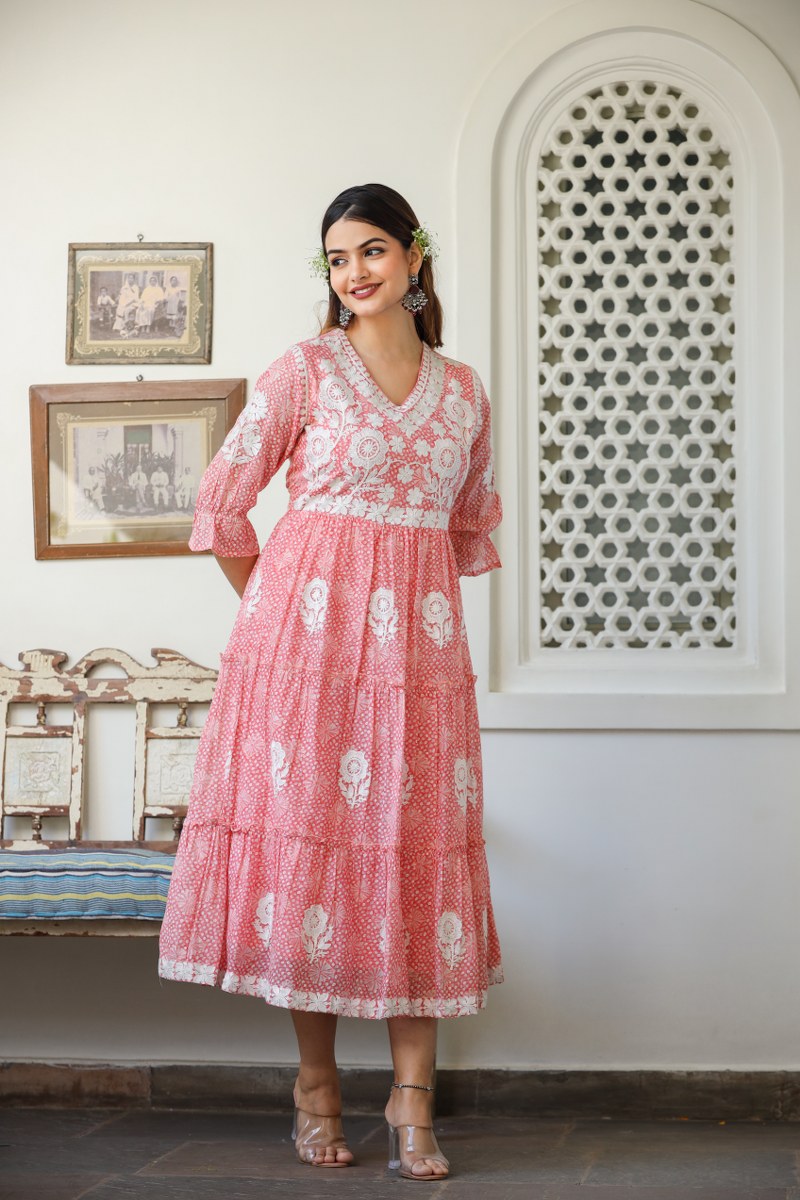 Women's Peach & White Embroidered Cotton Midi Dress