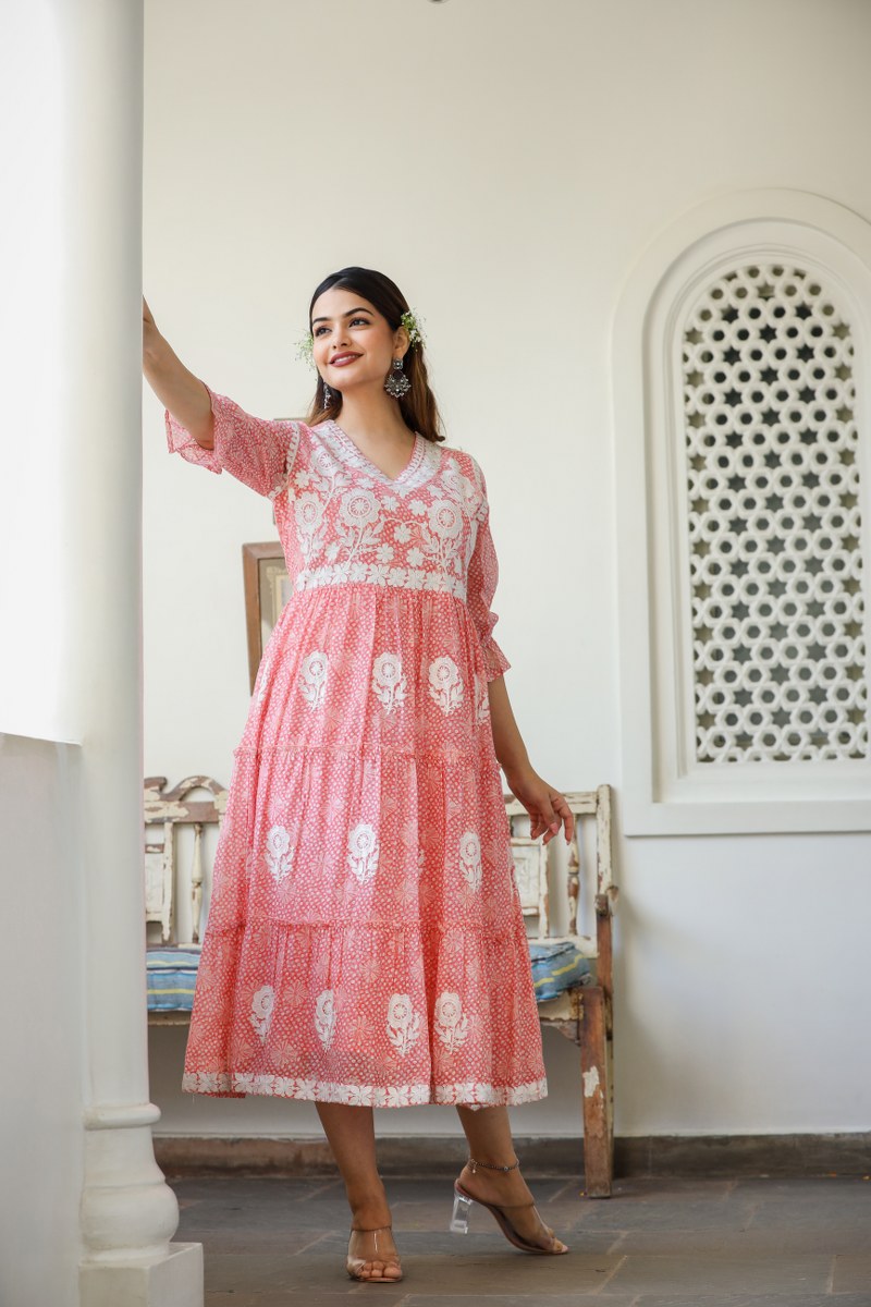 Women's Peach & White Embroidered Cotton Midi Dress