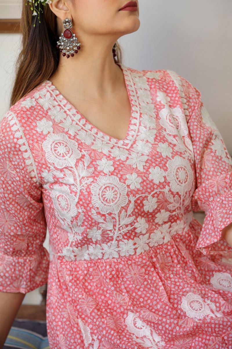 Women's Peach & White Embroidered Cotton Midi Dress