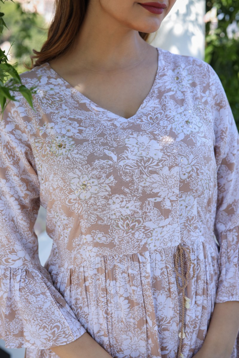 Women's Beige & White Floral Printed Cotton Midi Dress