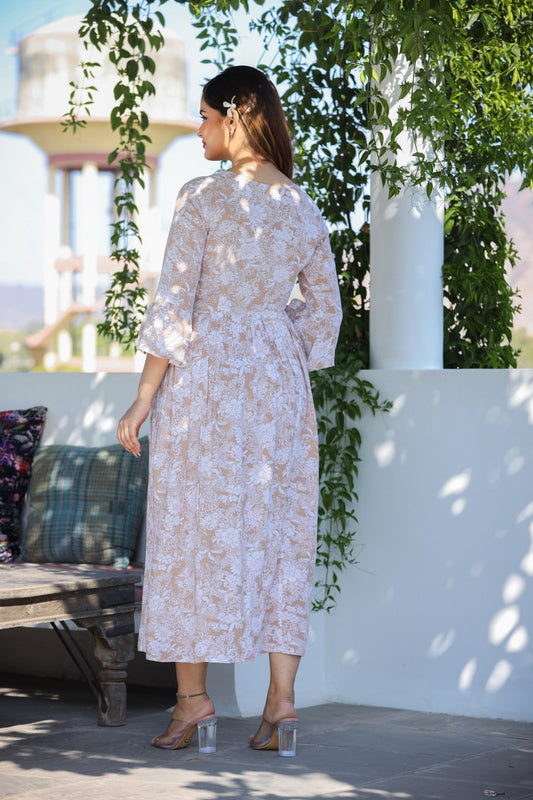 Women's Beige & White Floral Printed Cotton Midi Dress