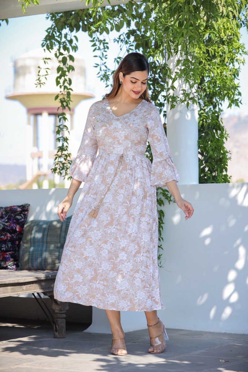 Women's Beige & White Floral Printed Cotton Midi Dress