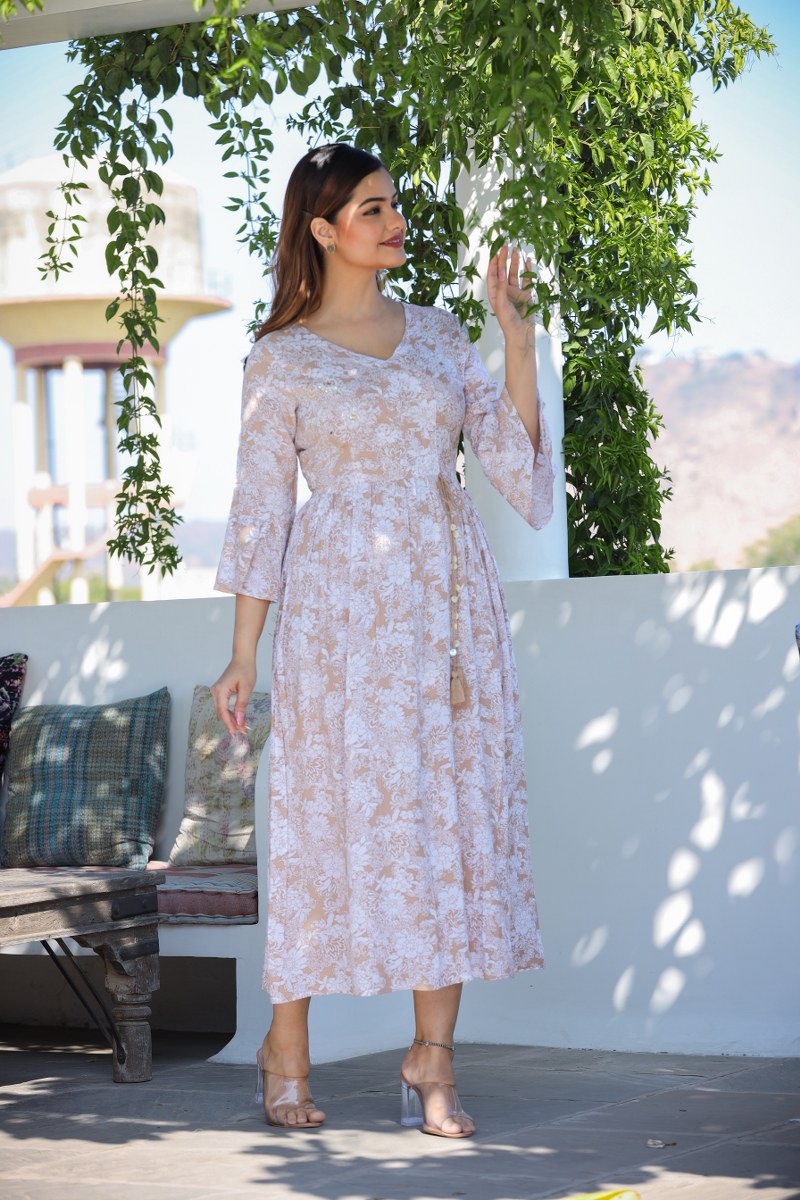 Women's Beige & White Floral Printed Cotton Midi Dress