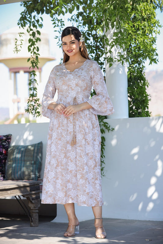 Women's Beige & White Floral Printed Cotton Midi Dress