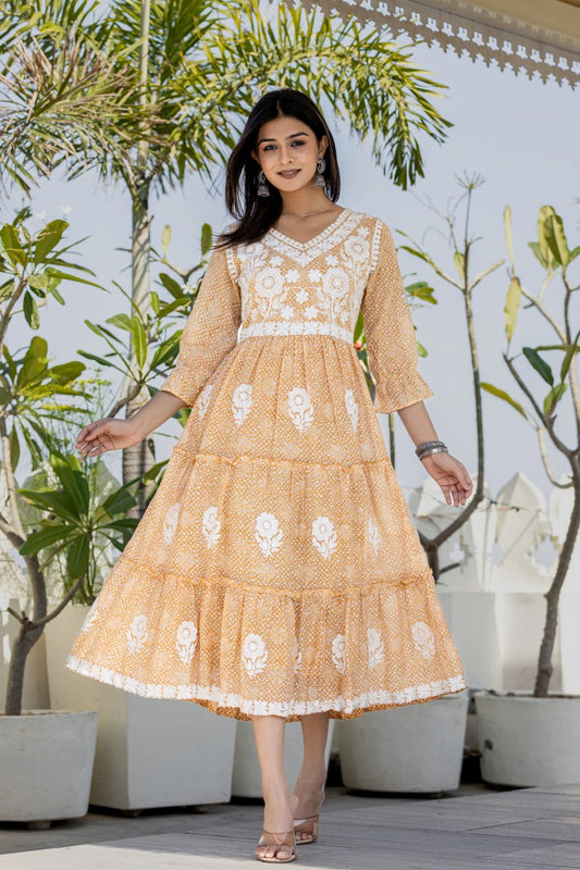 Women's Mustard Yellow & White Embroidered Cotton Midi Dress