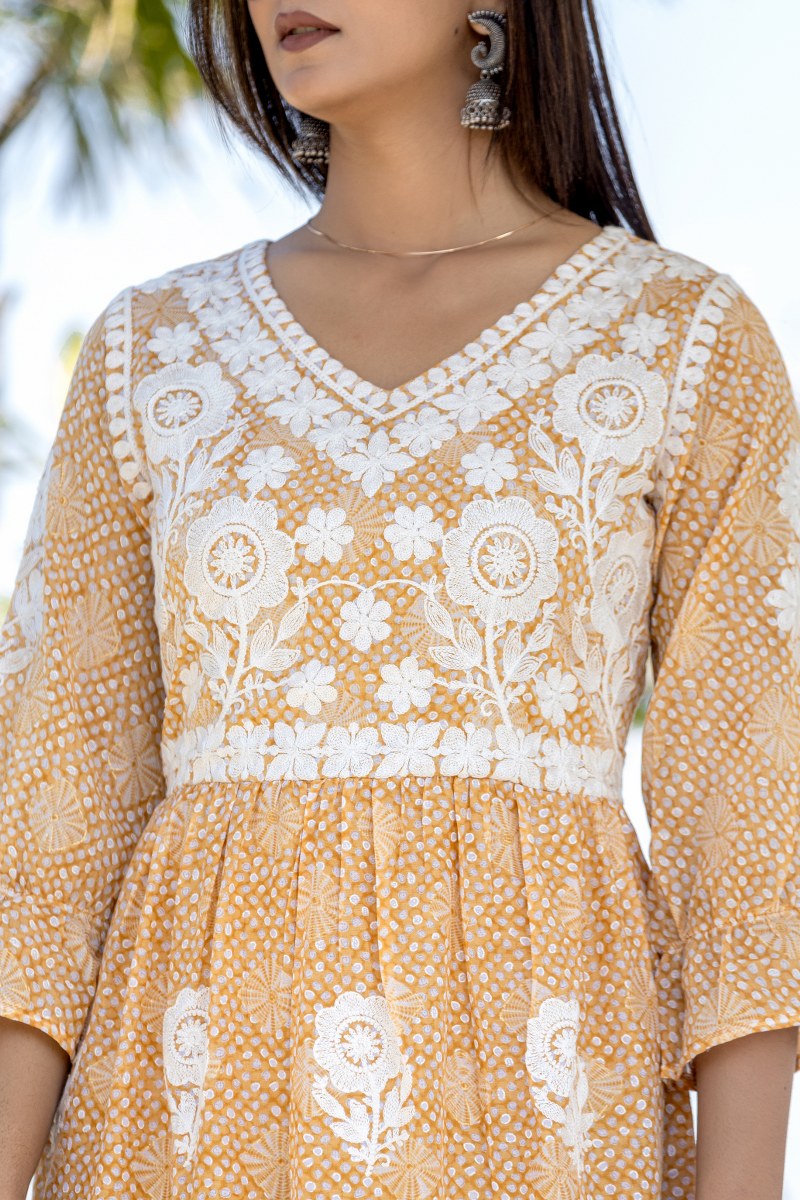 Women's Mustard Yellow & White Embroidered Cotton Midi Dress