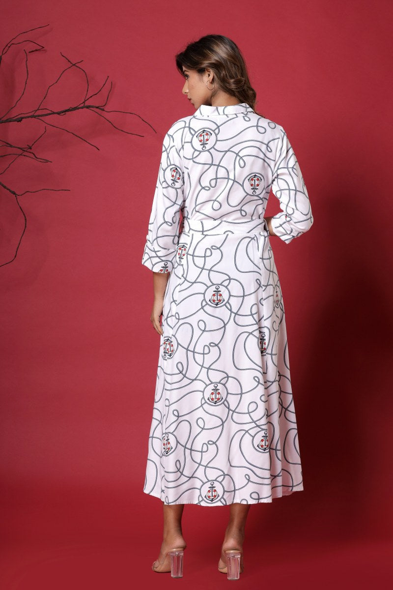 Women's White Nautical Print Belted Midi Dress