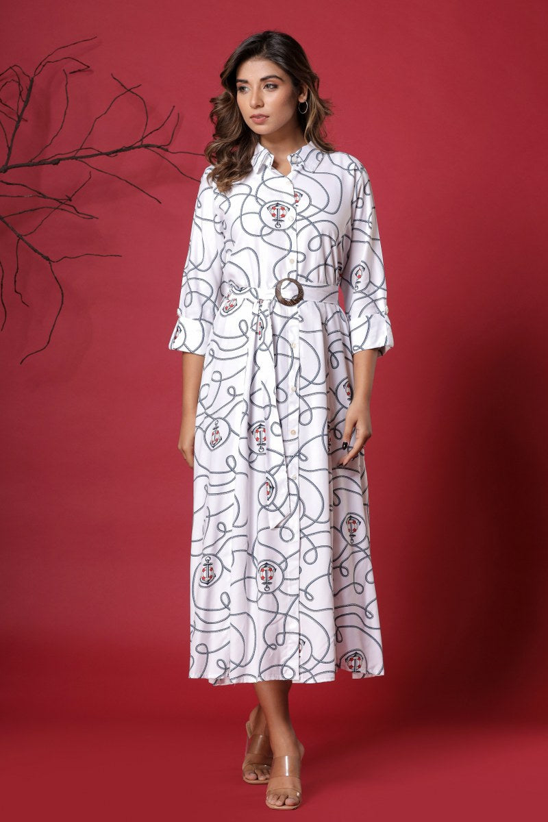 Women's White Nautical Print Belted Midi Dress