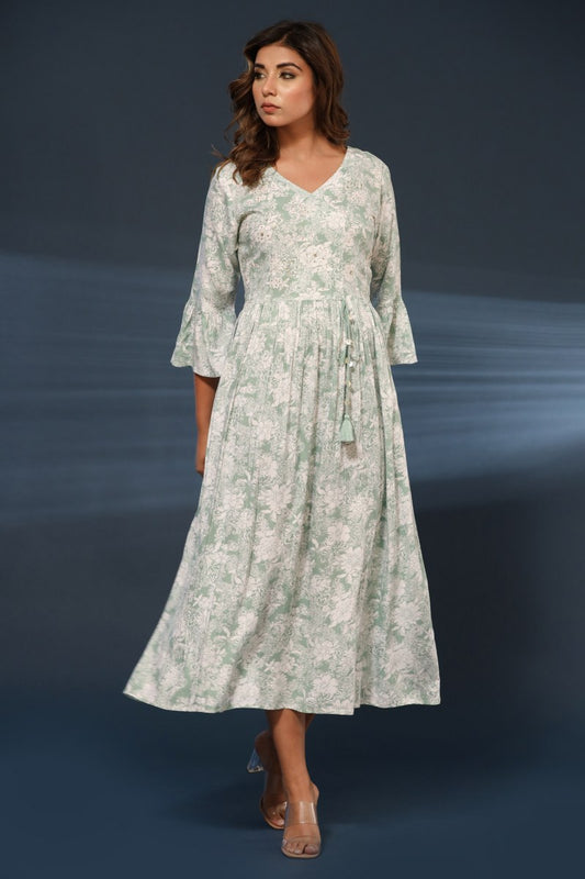 Women's Mint Green & White Floral Printed Cotton Midi Dress