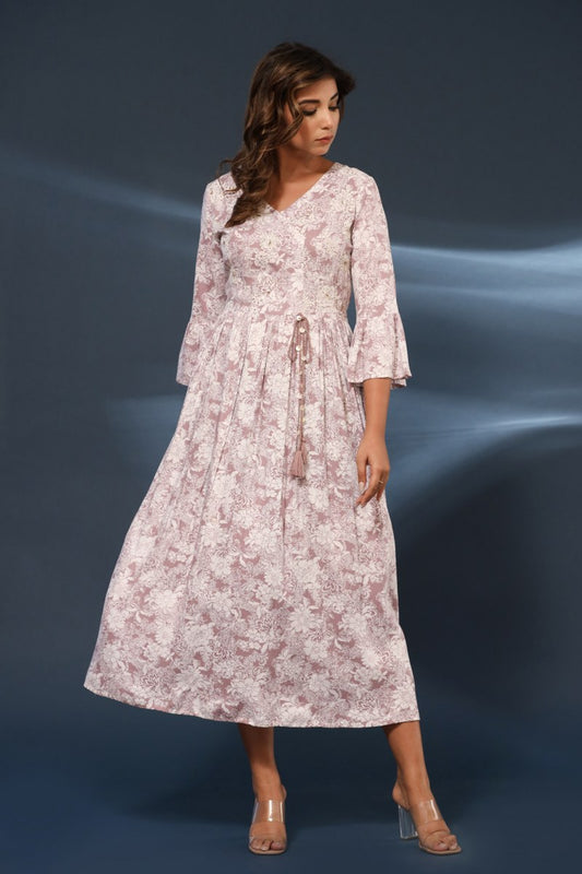 Women's Mauve & White Floral Printed Cotton Midi Dress