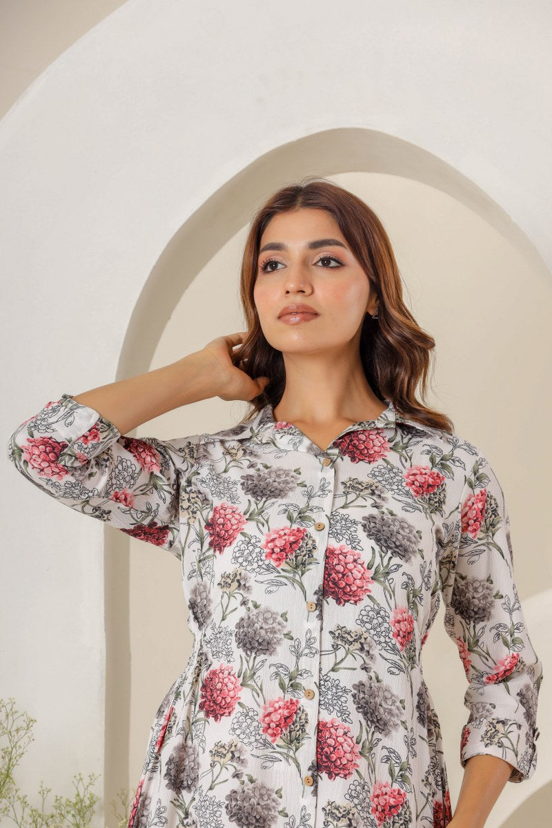 Women's White Floral Printed Shirt Midi Dress