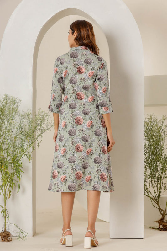 Women's Sage Green Floral Printed Shirt Midi Dress