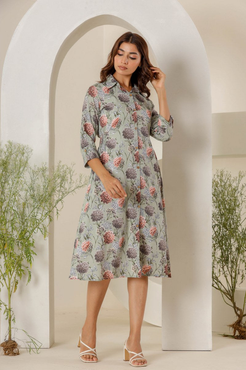 Women's Sage Green Floral Printed Shirt Midi Dress