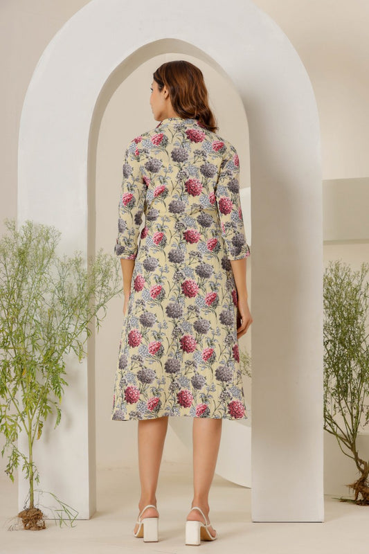 Women's Beige Floral Printed Shirt Midi Dress