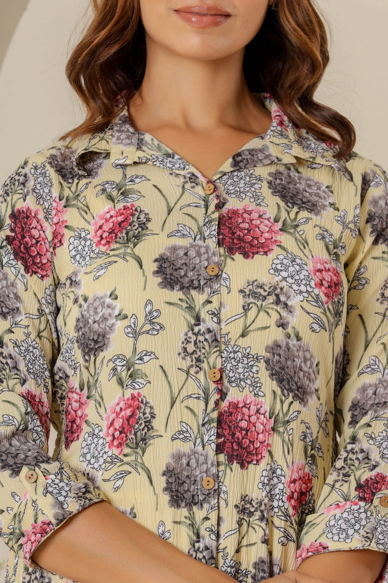 Women's Beige Floral Printed Shirt Midi Dress