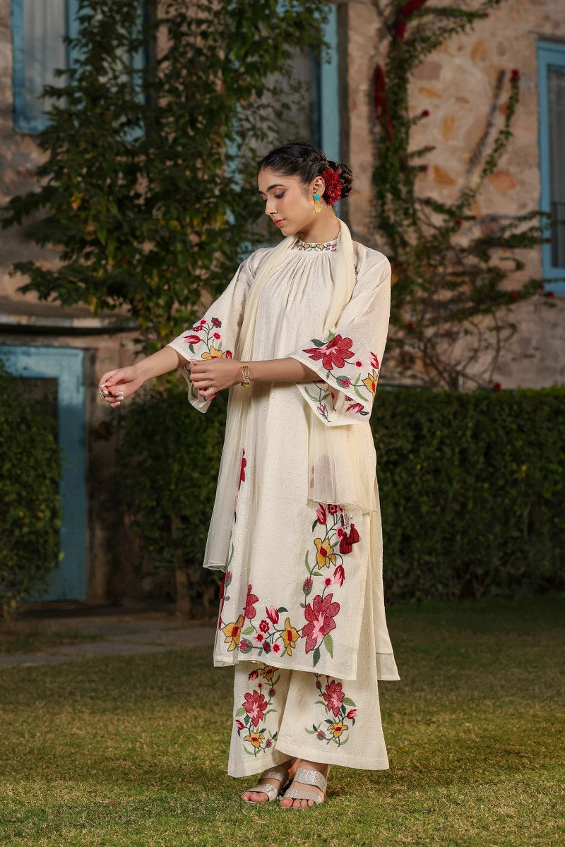 Ivory Floral Embroidered Muslin 3-Piece Kurta Set with Dupatta