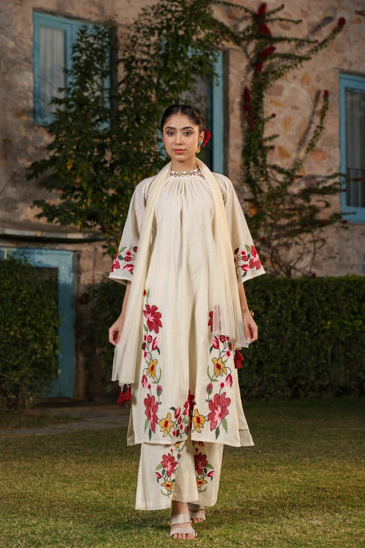 Ivory Floral Embroidered Muslin 3-Piece Kurta Set with Dupatta