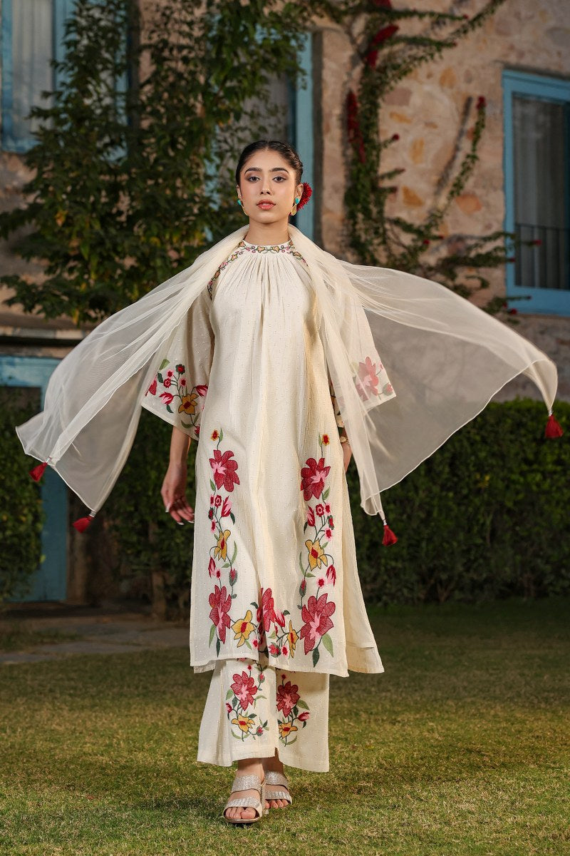 Ivory Floral Embroidered Muslin 3-Piece Kurta Set with Dupatta
