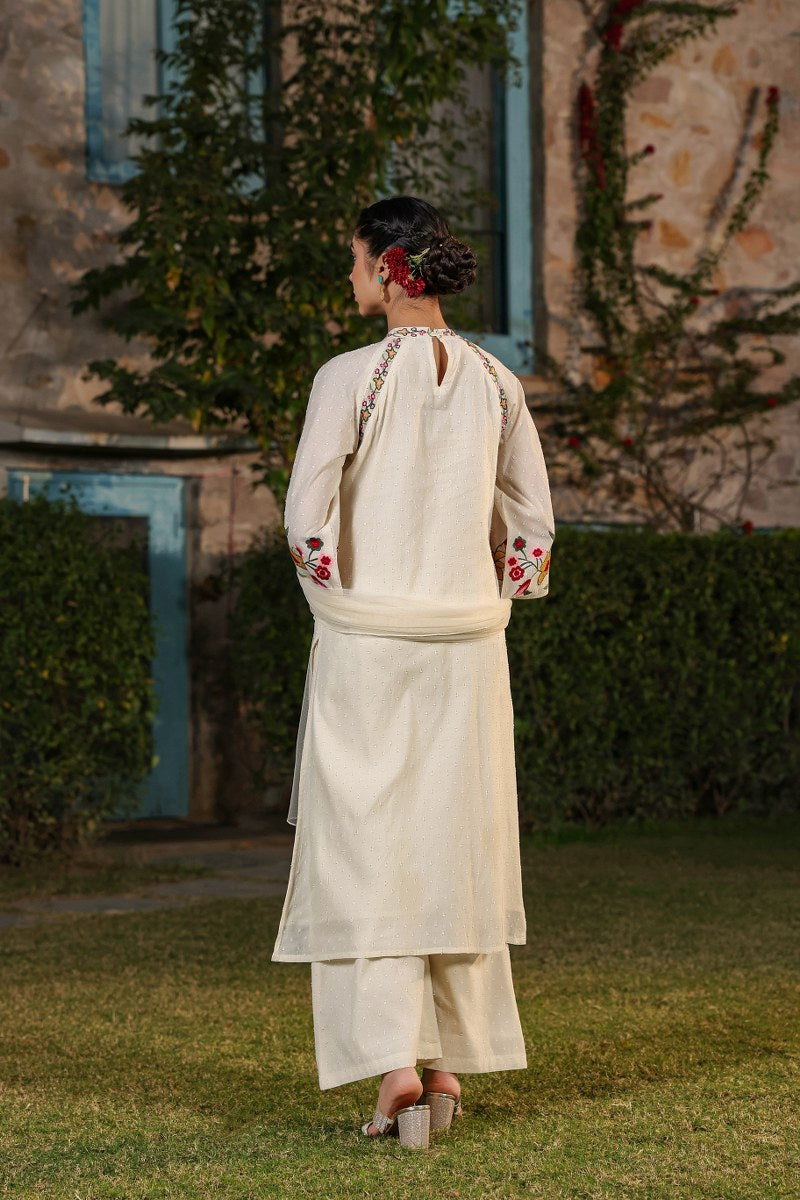 Ivory Floral Embroidered Muslin 3-Piece Kurta Set with Dupatta