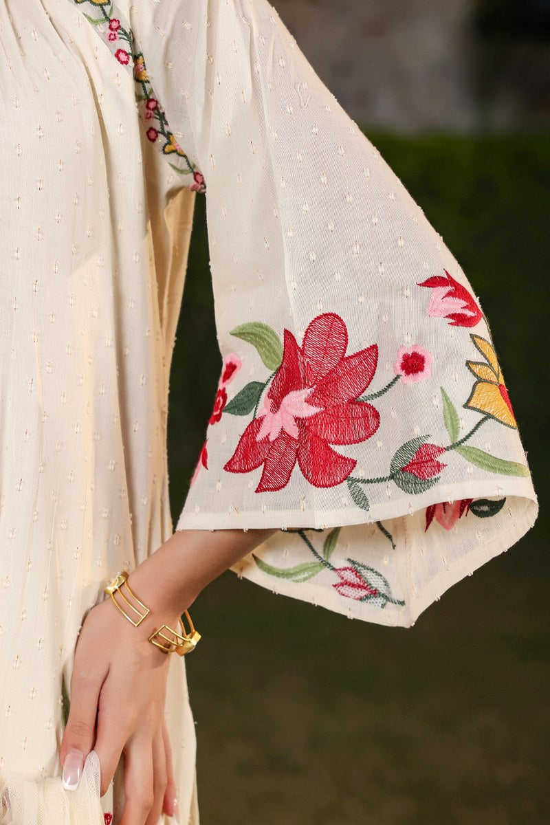 Ivory Floral Embroidered Muslin 3-Piece Kurta Set with Dupatta