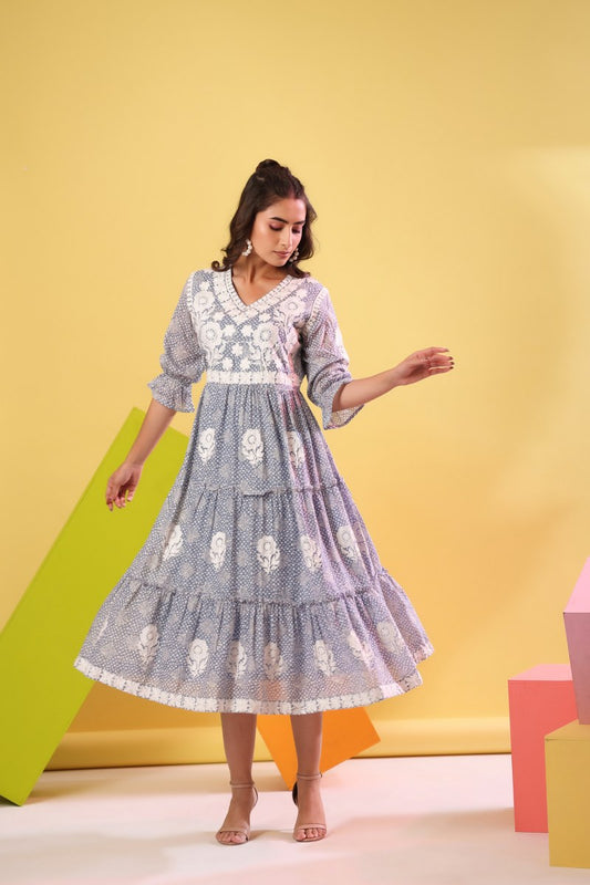 Women's Grey & White Embroidered Cotton Midi Dress