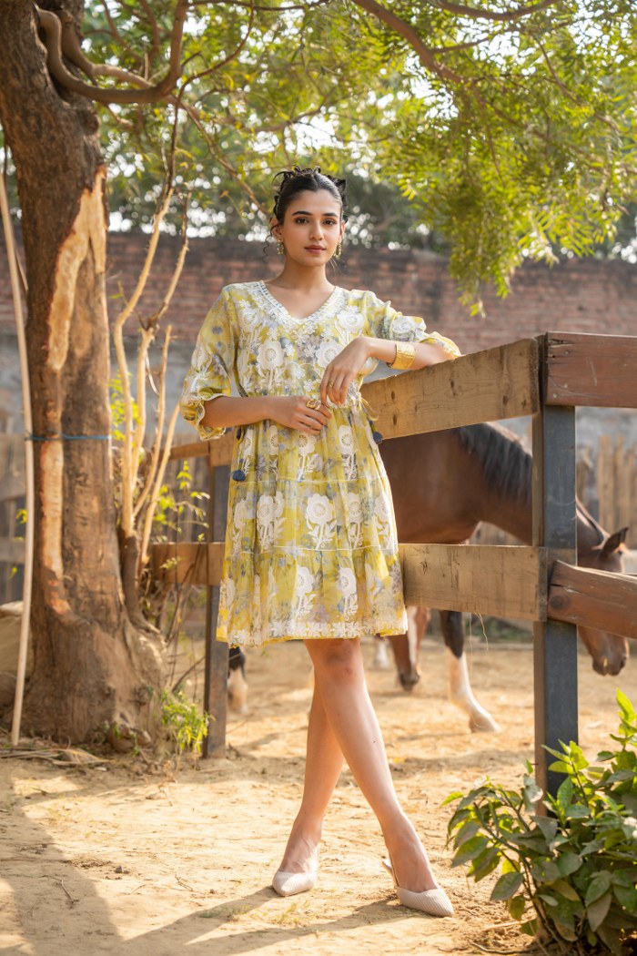 Lemon Yellow Floral Embroidered A-Line Short Dress