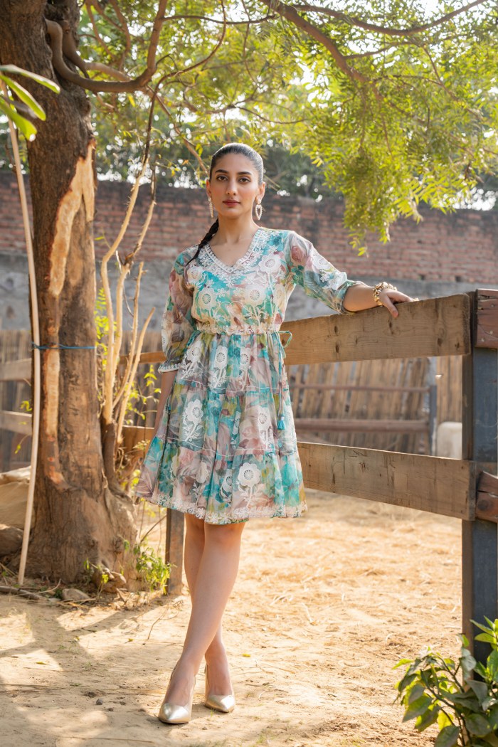Pastel Blue & Peach Floral Embroidered A-Line Short Dress