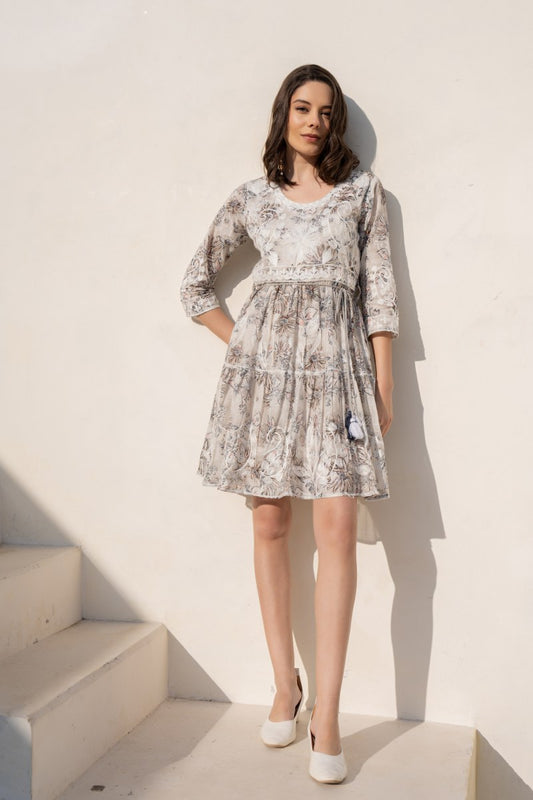 Ivory Beige Floral Embroidered A-Line Short Dress