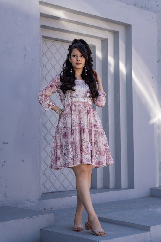 Blush Pink Floral Embroidered A-Line Short Dress