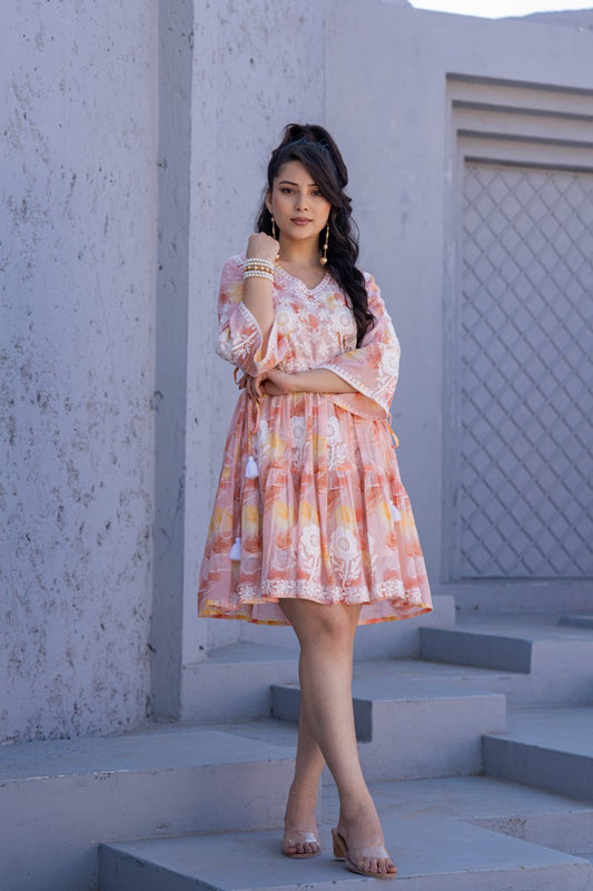 Peach Orange Floral Embroidered A-Line Short Dress