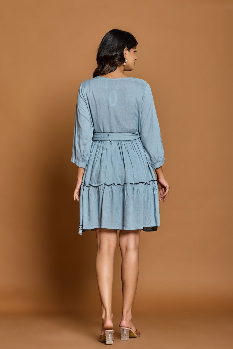 Dusty Blue Embroidered A-Line Short Dress with Waist Belt