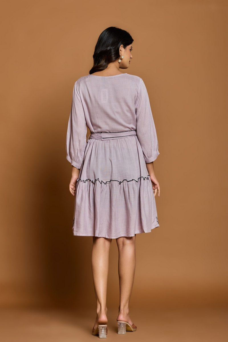 Lavender Embroidered A-Line Short Dress with Waist Belt