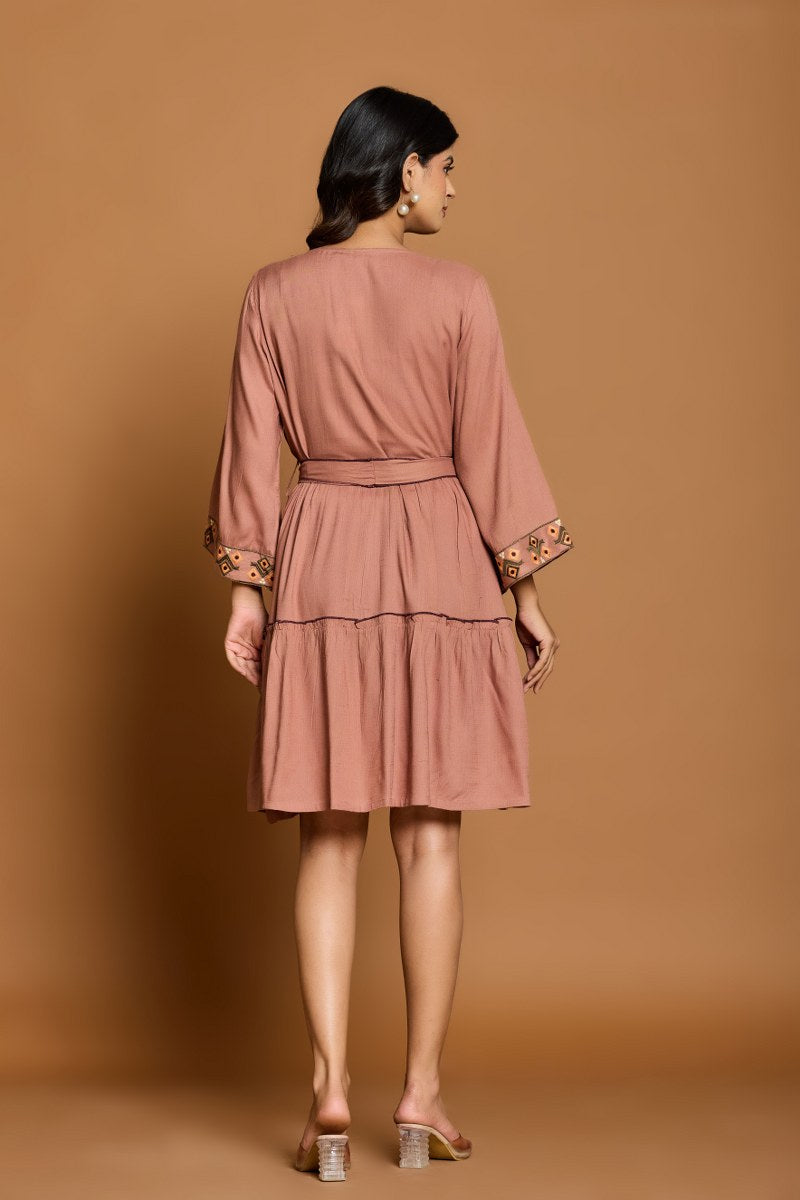 Terracotta Brown Embroidered A-Line Short Dress with Waist Belt