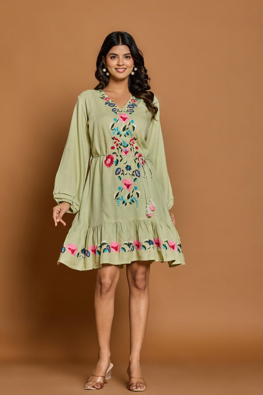 Olive Green Floral Embroidered A-Line Short Dress